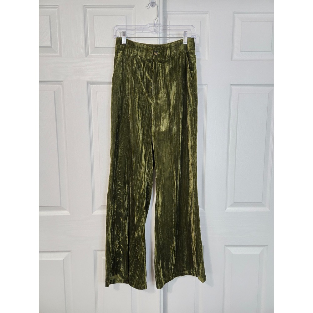 Anthopologie Ellison Olive Green Crushed Velvet Wide Leg High Waist Pants Small
